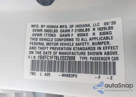 2020 Honda Civic Ex-L из США, поврежденный, VIN 19XFC1F76LE022608